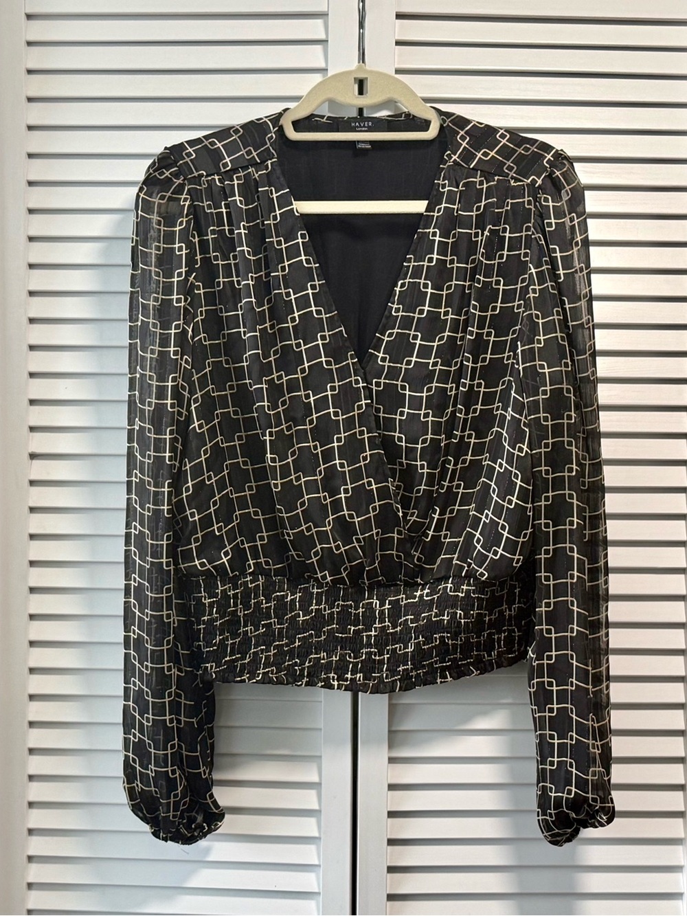 HAVER London Smocked Waist Surplice Balloon Sleeve Blouse: Sz Large